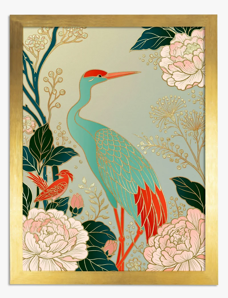 Crane and Peonies in Gold Art Print