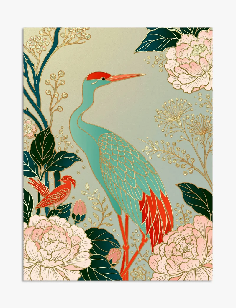 Crane and Peonies in Gold Art Print