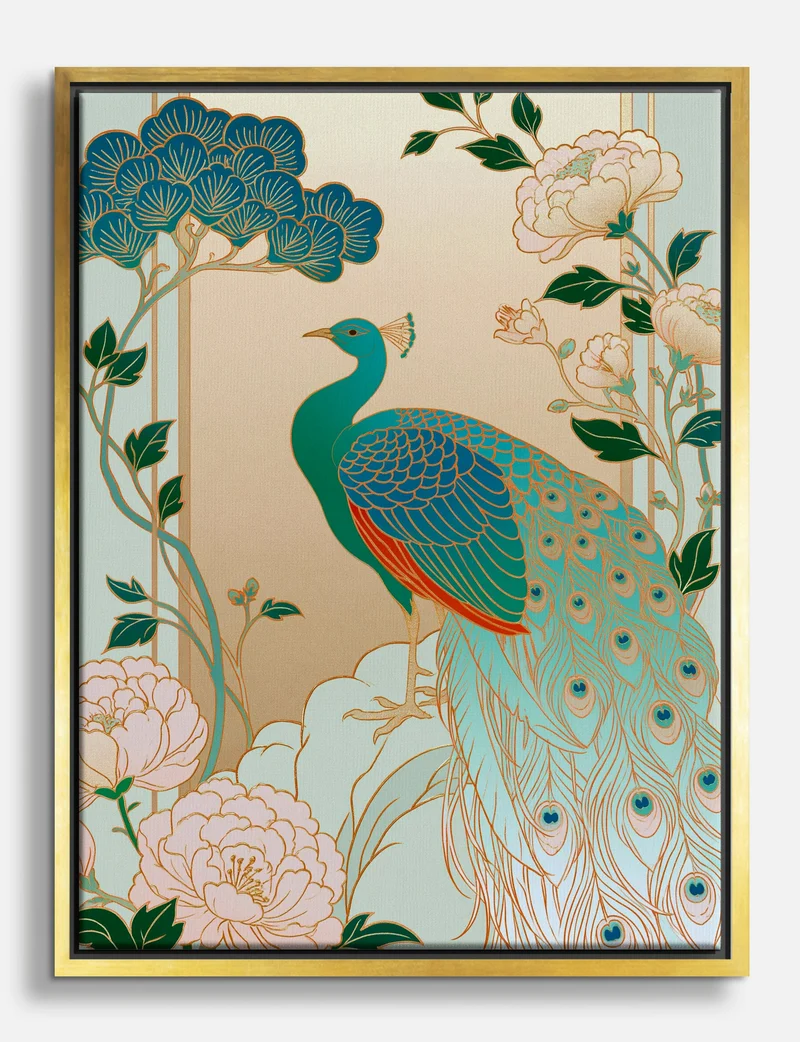 Golden Peacock and Peonies Canvas Print