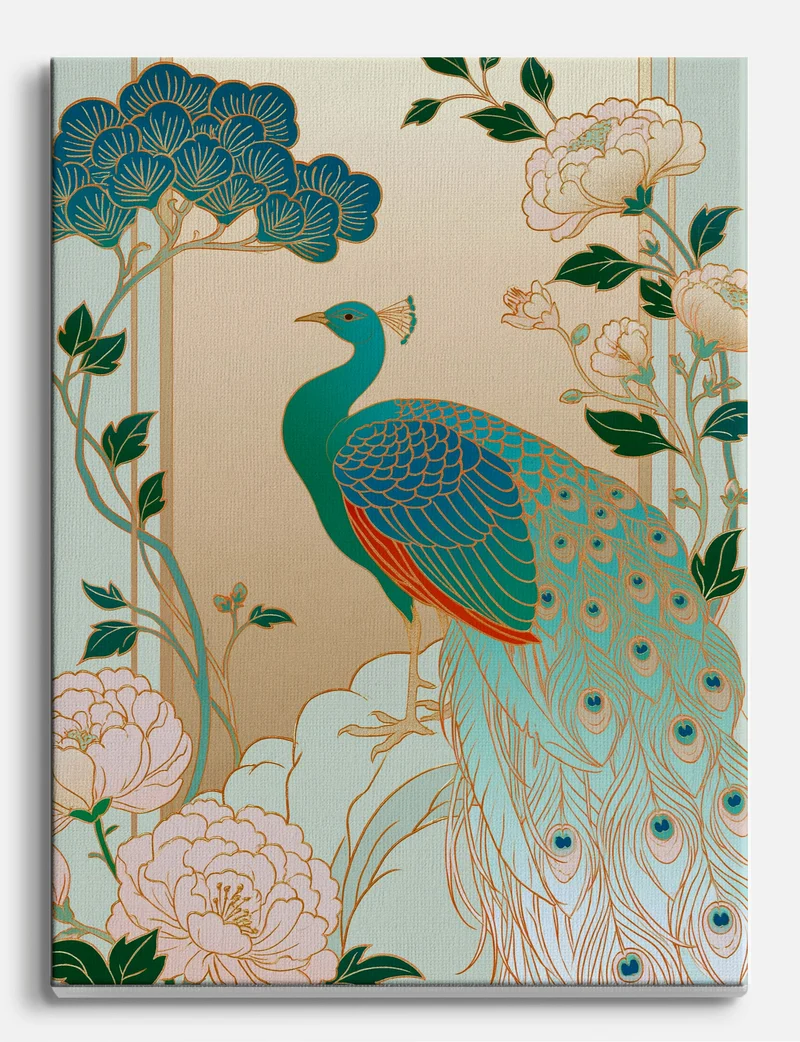 Golden Peacock and Peonies Canvas Print