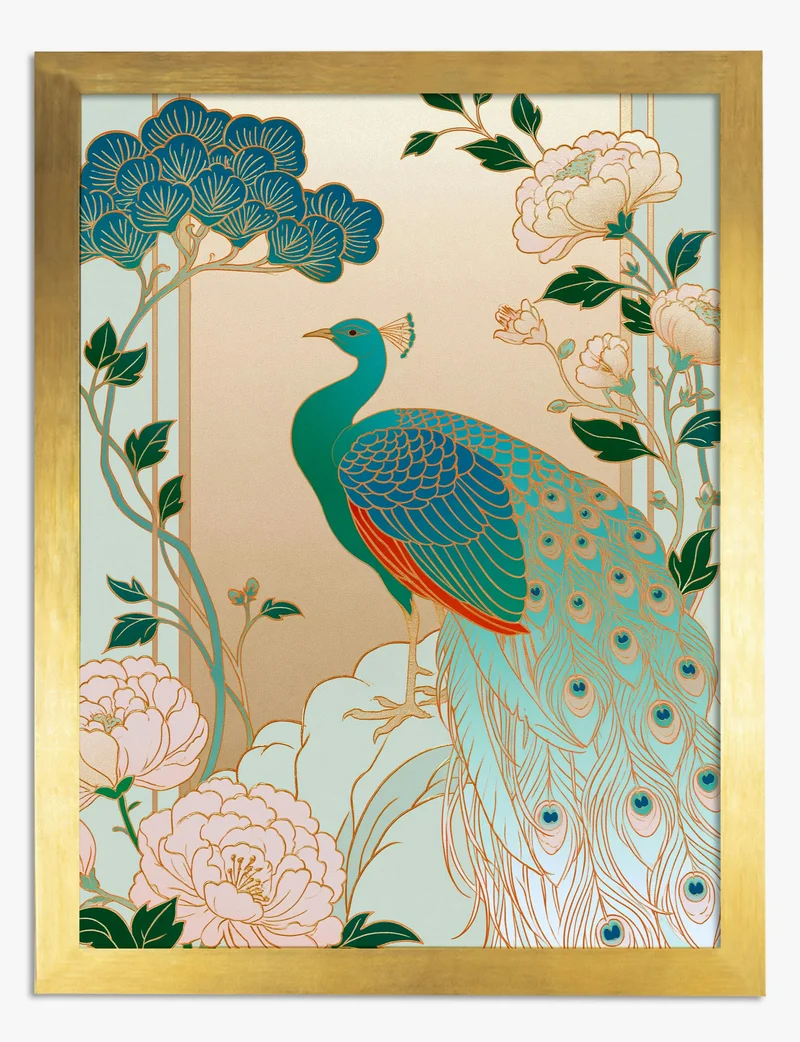 Golden Peacock and Peonies Art Print