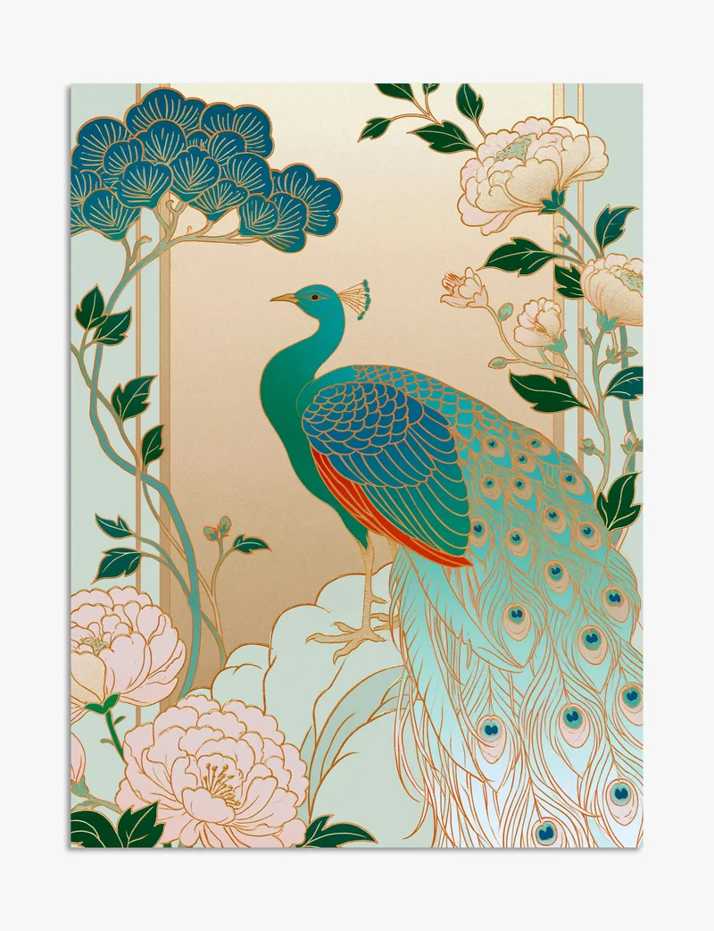 Golden Peacock and Peonies Art Print