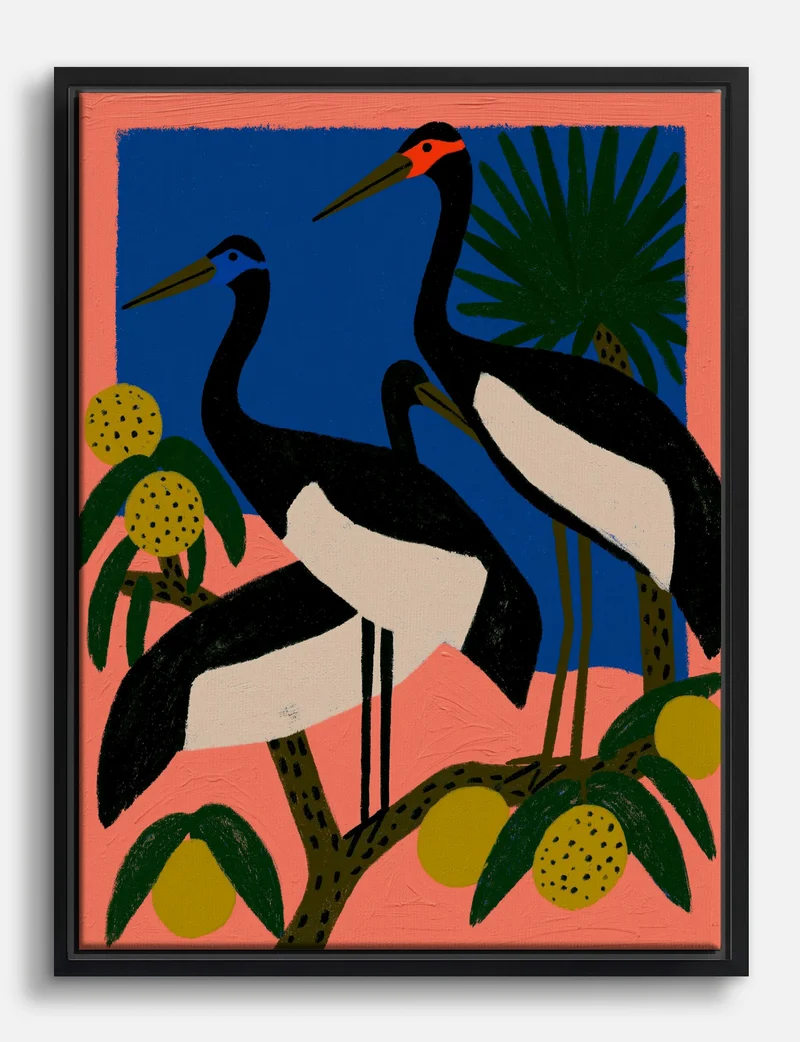 Three Cranes in Coral and Blue Canvas Print