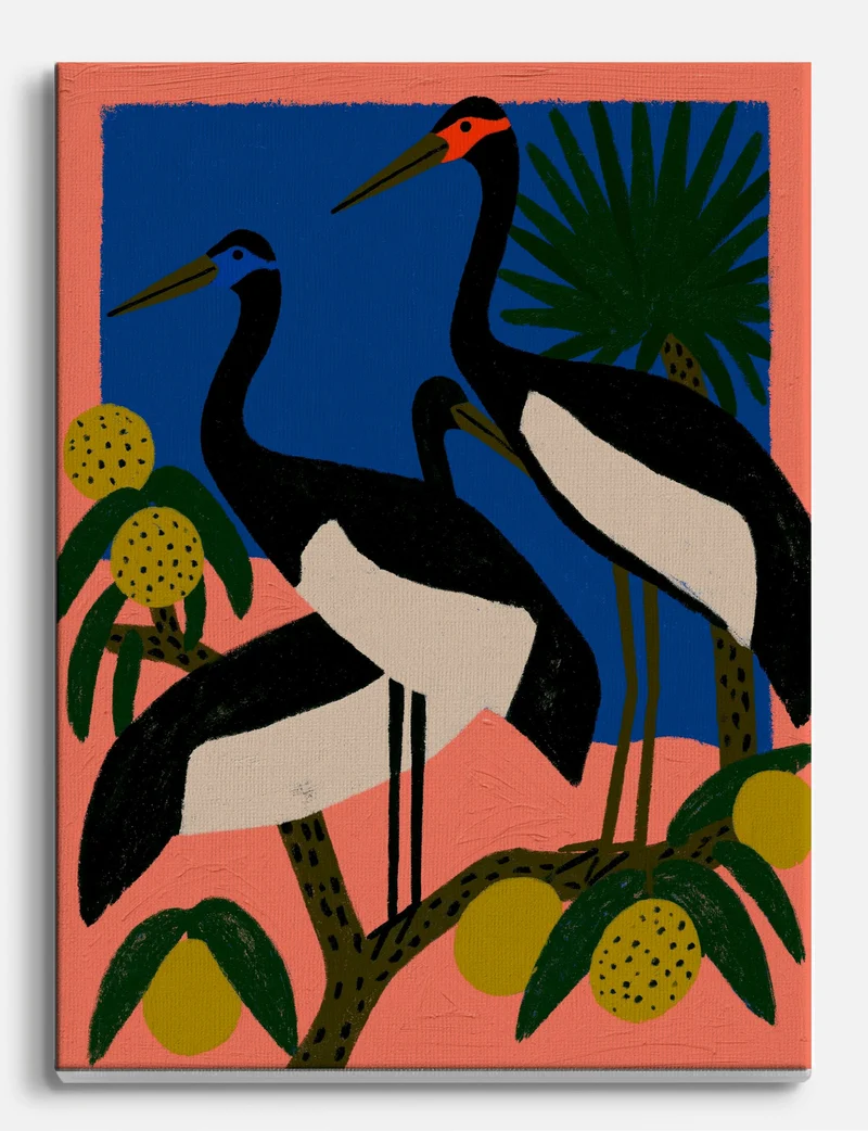 Three Cranes in Coral and Blue Canvas Print