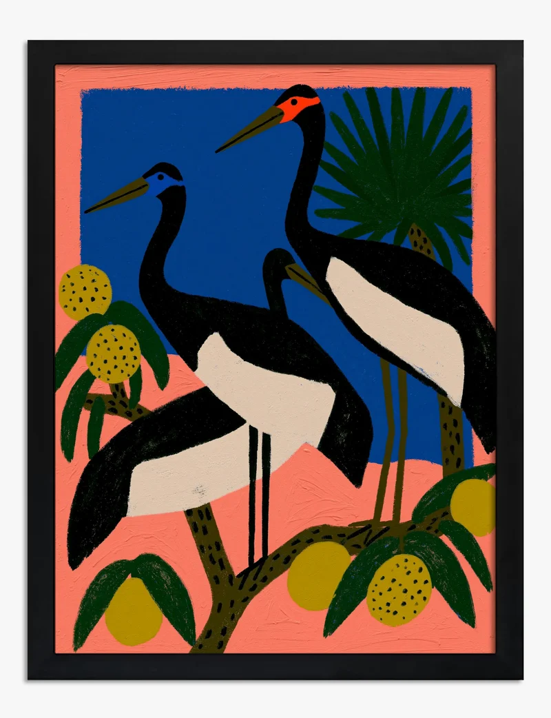 Three Cranes in Coral and Blue Art Print