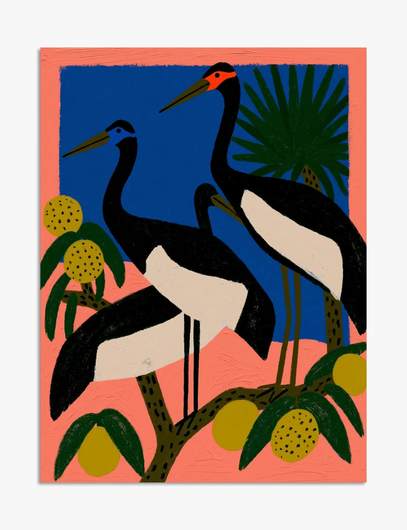 Three Cranes in Coral and Blue Art Print