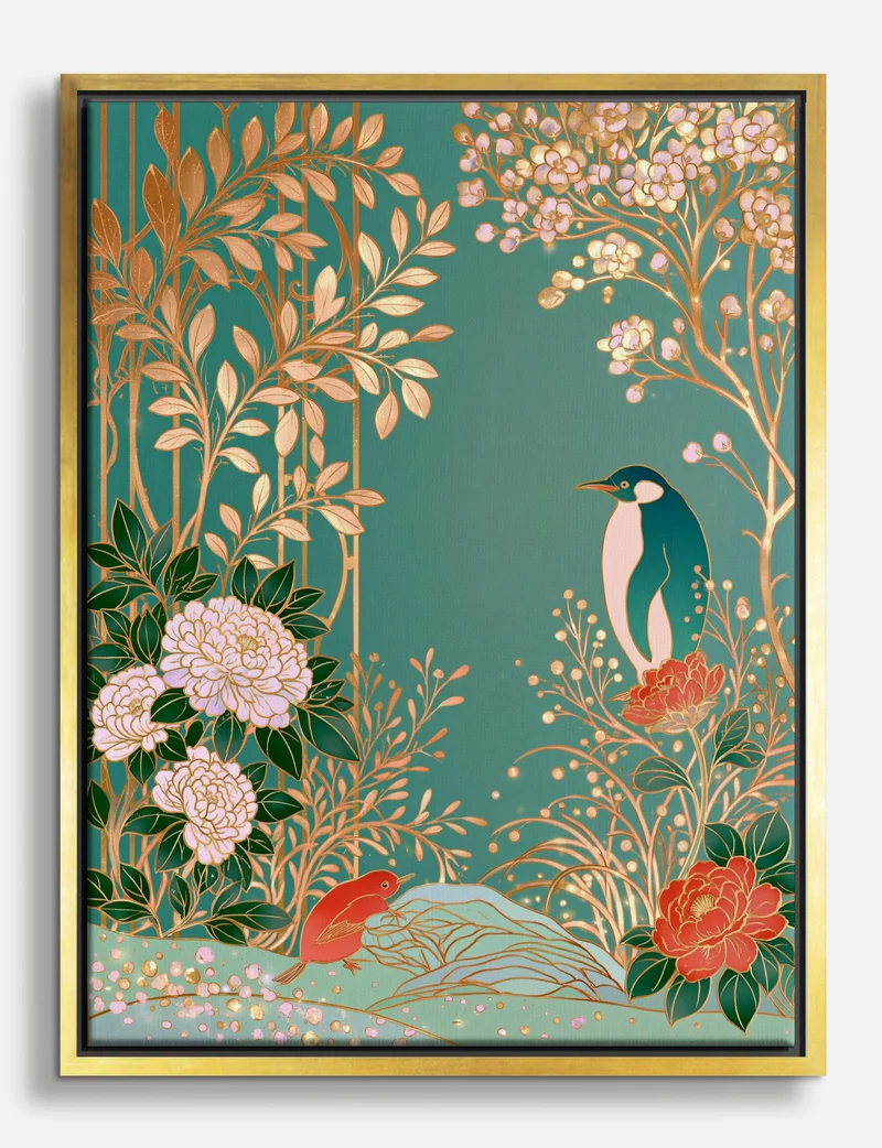 Penguin in the Gold Peony Garden Canvas Print