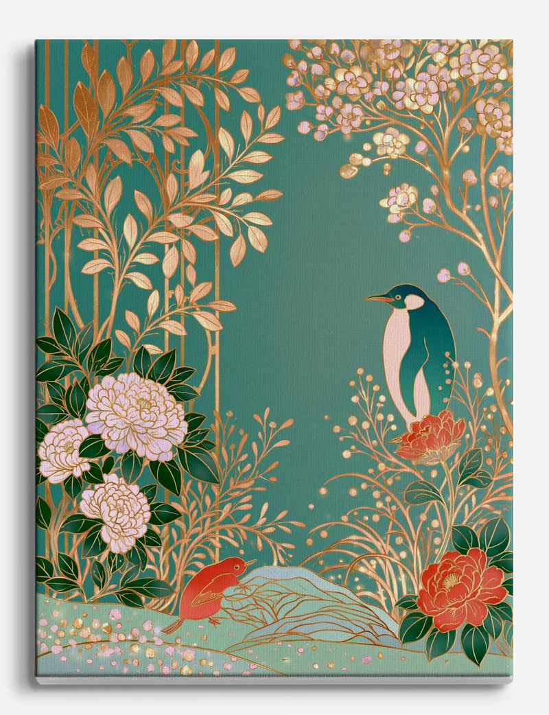 Penguin in the Gold Peony Garden Canvas Print