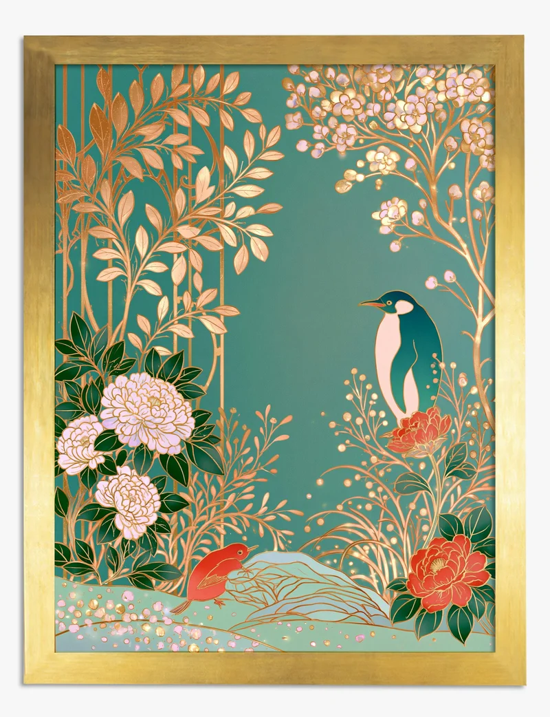Penguin in the Gold Peony Garden Art Print
