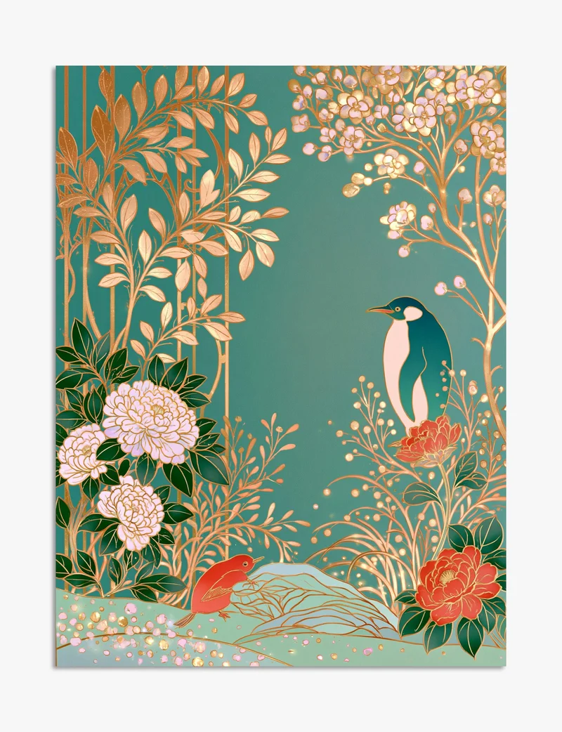 Penguin in the Gold Peony Garden Art Print