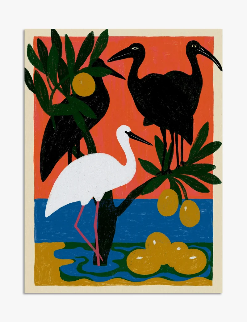 Herons in Red and Blue Art Print