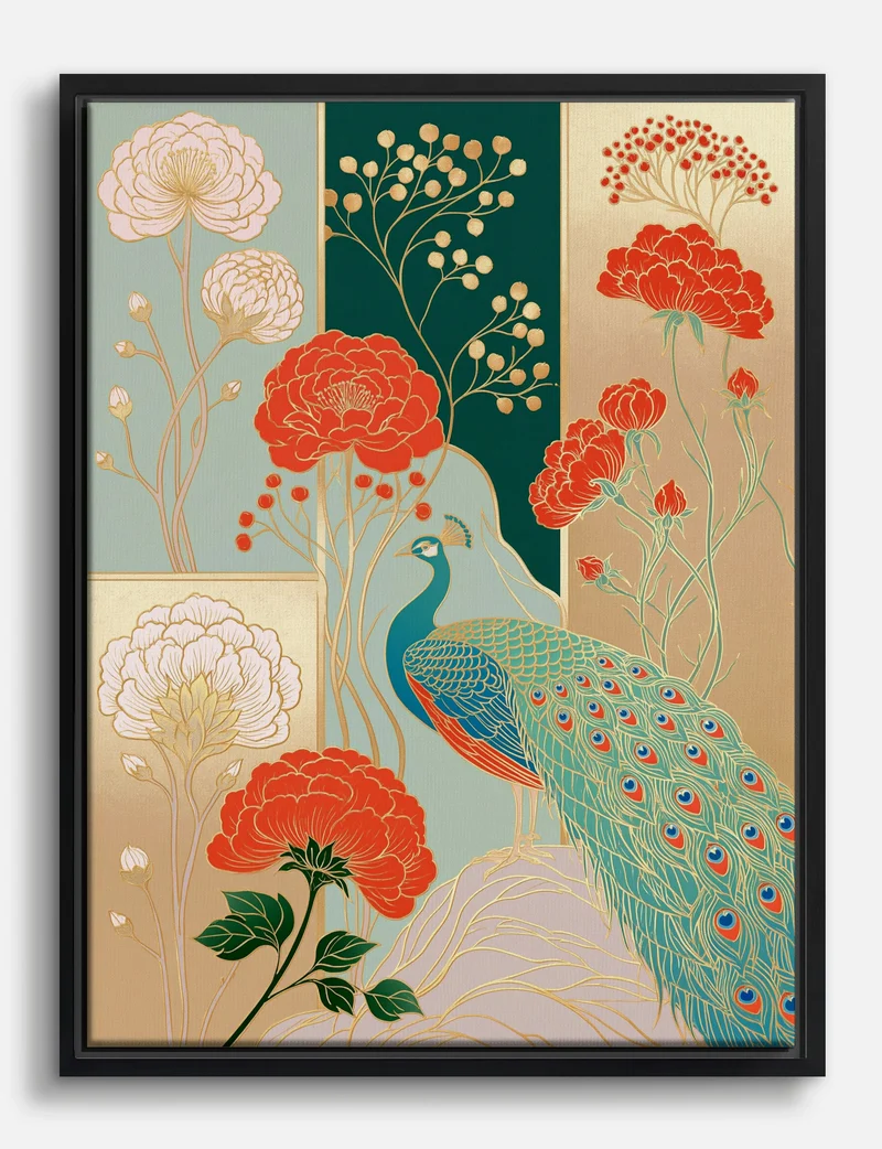 Gilded Peacock and Peonies Canvas Print