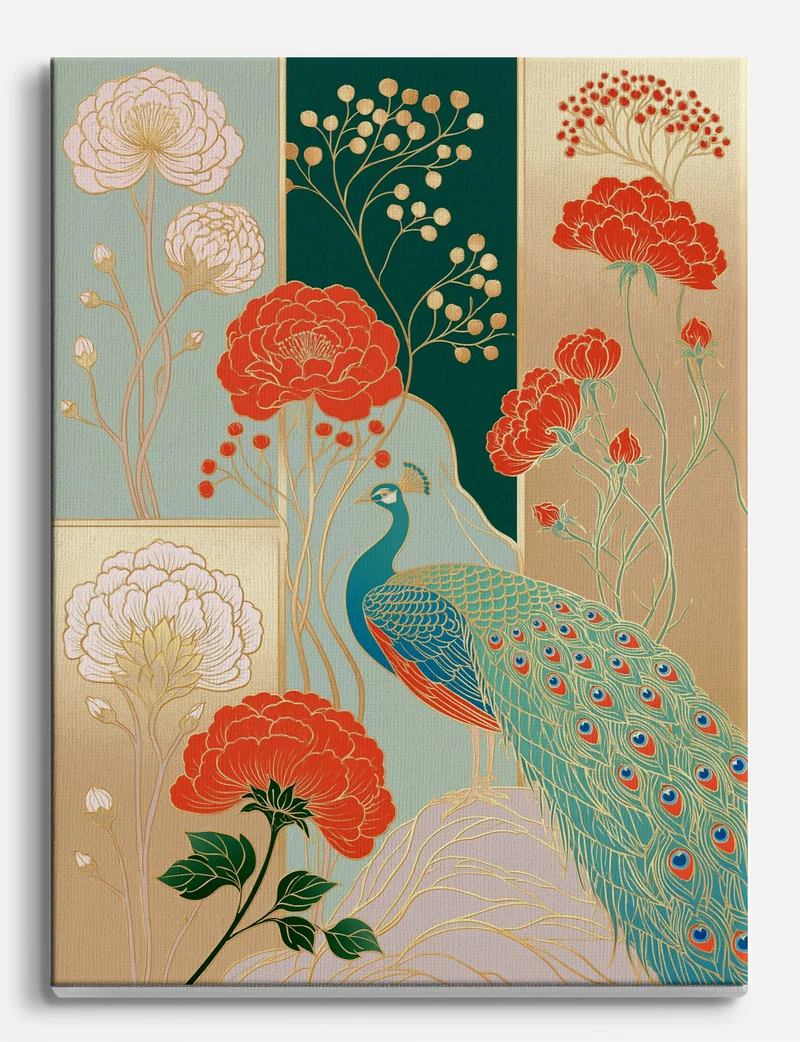Gilded Peacock and Peonies Canvas Print