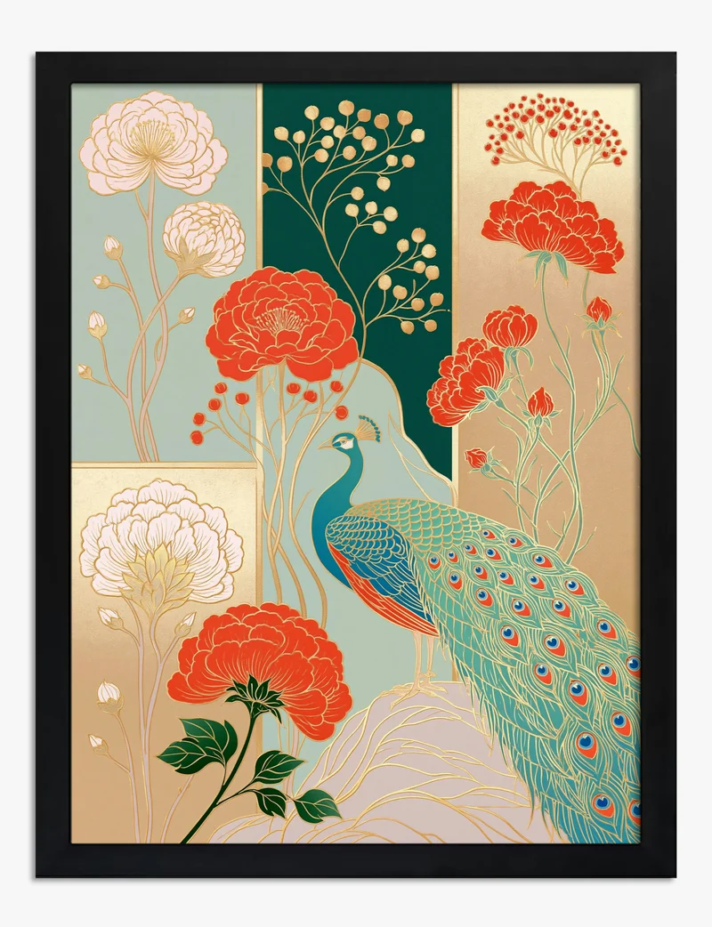 Gilded Peacock and Peonies Art Print