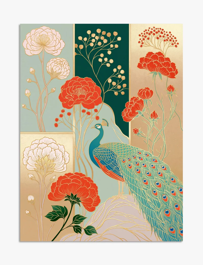 Gilded Peacock and Peonies Art Print