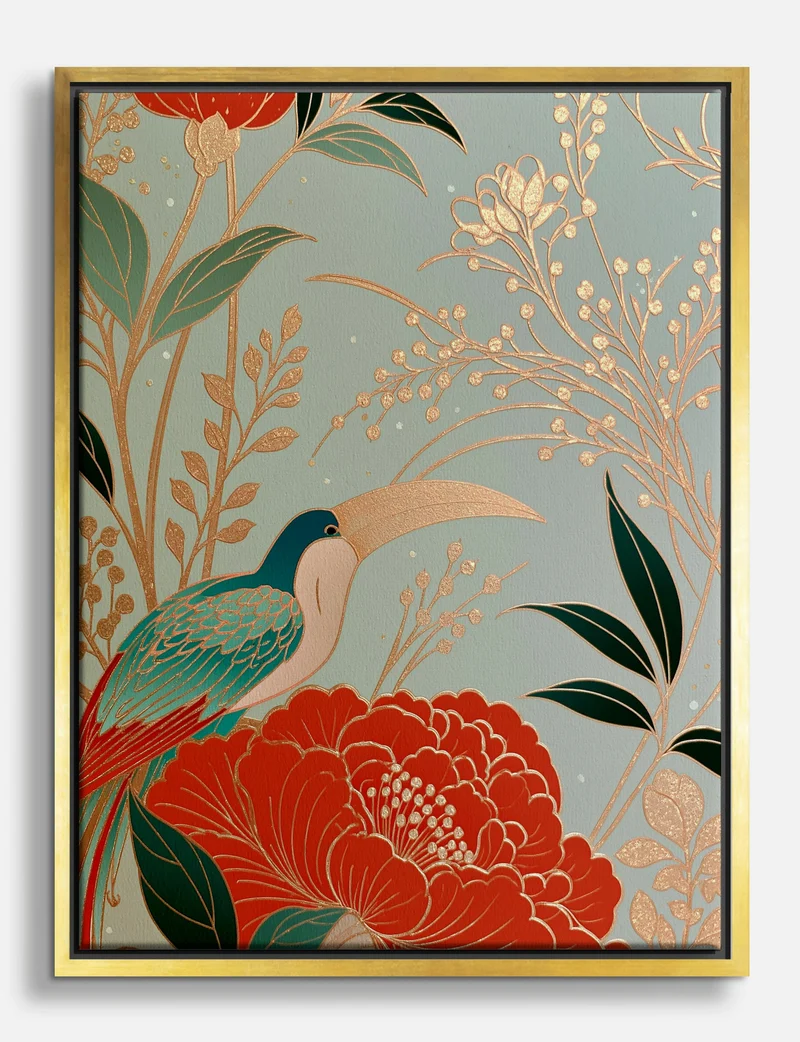 Gilded Toucan and Red Peony Canvas Print