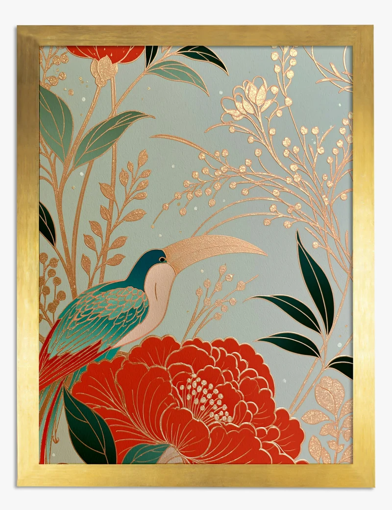 Gilded Toucan and Red Peony Art Print