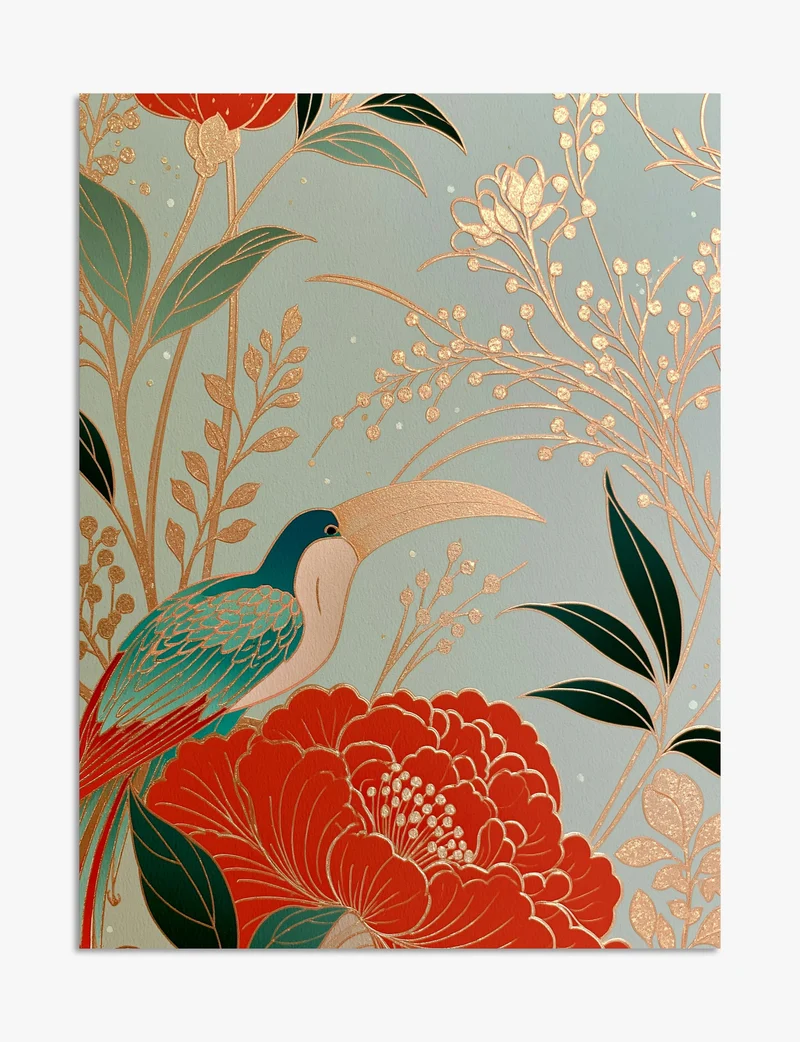 Gilded Toucan and Red Peony Art Print