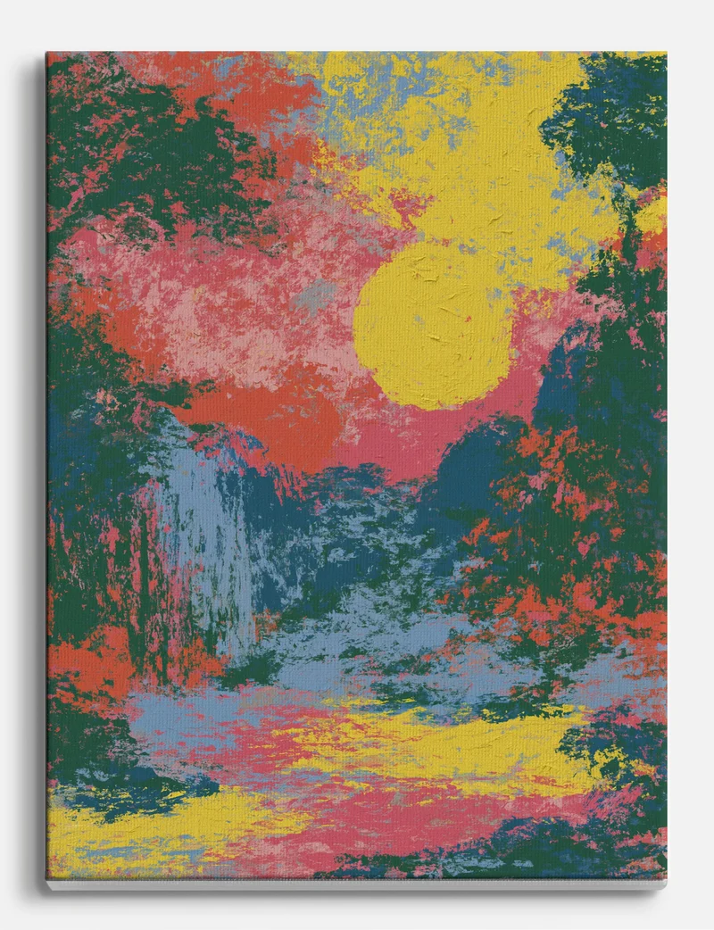 Yellow Sun Over the Waterfall Canvas Print