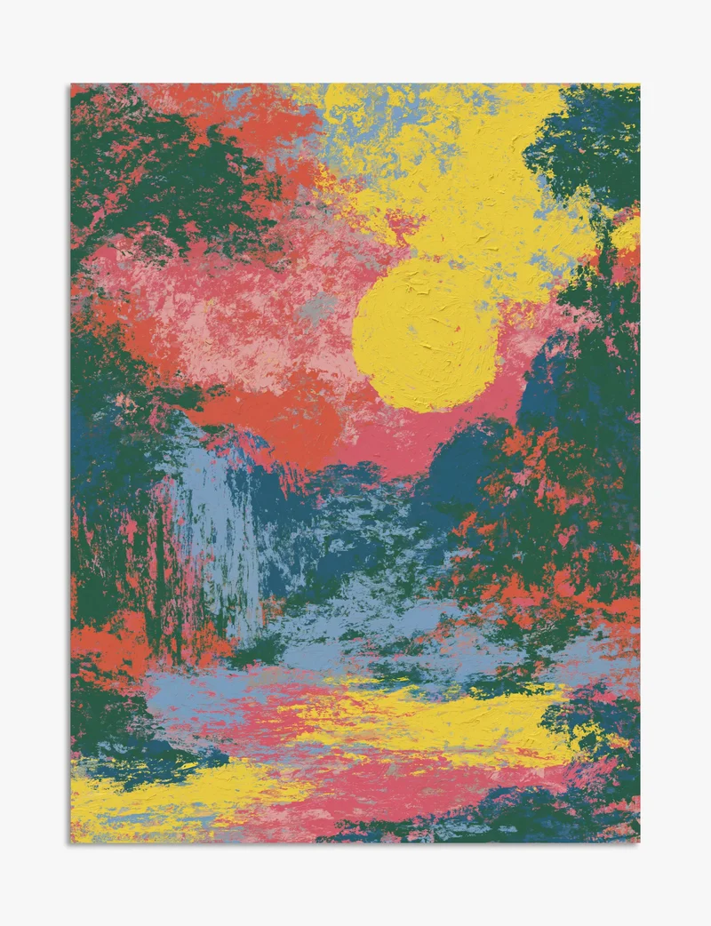 Yellow Sun Over the Waterfall Art Print