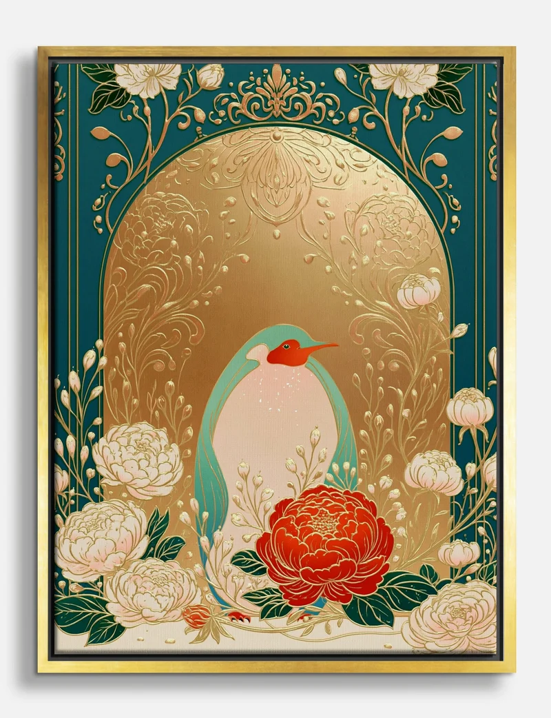 Golden Arch Penguin with Peonies Canvas Print
