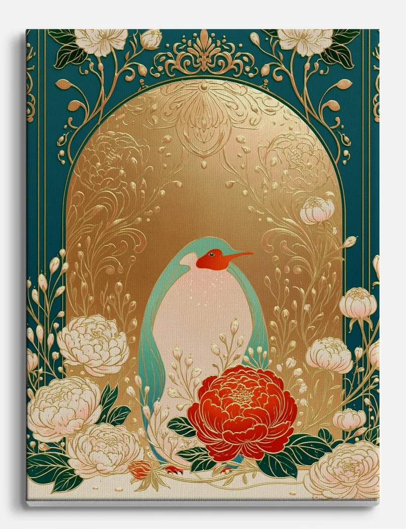 Golden Arch Penguin with Peonies Canvas Print