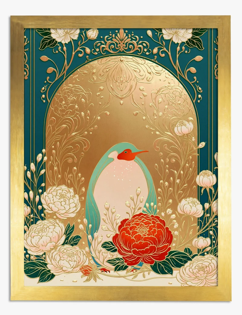 Golden Arch Penguin with Peonies Art Print