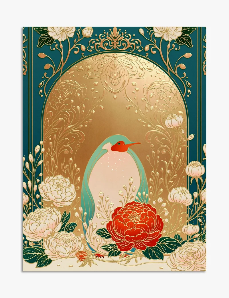 Golden Arch Penguin with Peonies Art Print